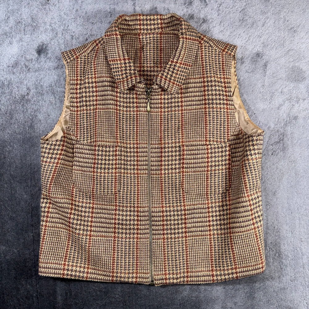 Bentley Arbuckle Vintage Plaid Wool Blend Zip Up Vest Tan Red Size 6 USA Made